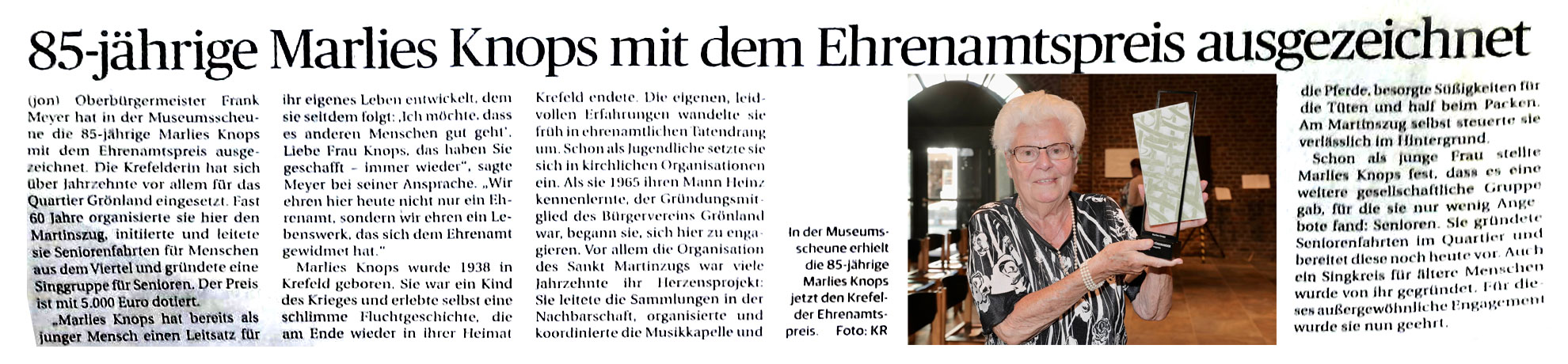 85-jährige Marlies Knops mit dem Ehrenamtspreis ausgezeichnet